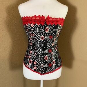 Frederick’s of Hollywood Strapless Lace Up Corset Floral Red Black 34